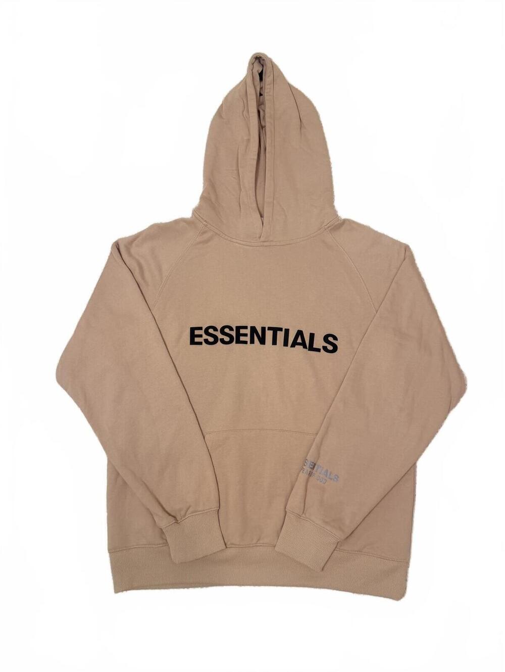 Fear of God Essentials Hoodie Taupe Harvest Tan Black Flocked Logo Unisex Medium